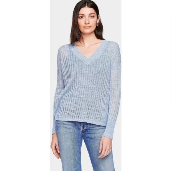 White + Warren Linen V-Neck Sweater Blue - Picture 1 of 8